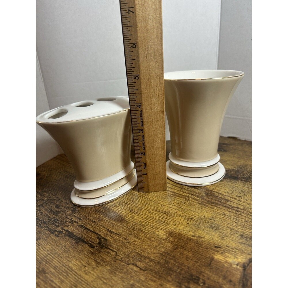 Beige White Gold Trim Ceramic Bath Set Toothbrush Holder Cup Soap Holder Decor - Picture 4 of 16
